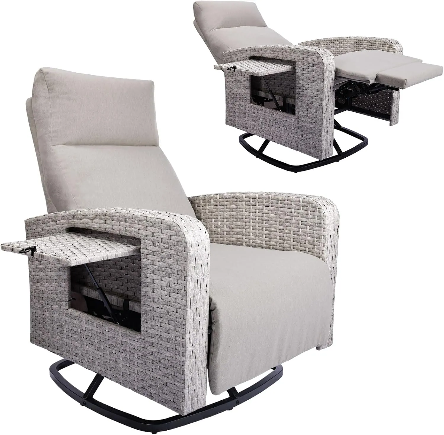 Outdoor Recliner Wicker Ratten 360°Swivel Chair with Footrest Adjustable Back Reclining Patio Lounge Chairs with Removeable Cushion & Flip-Up Table