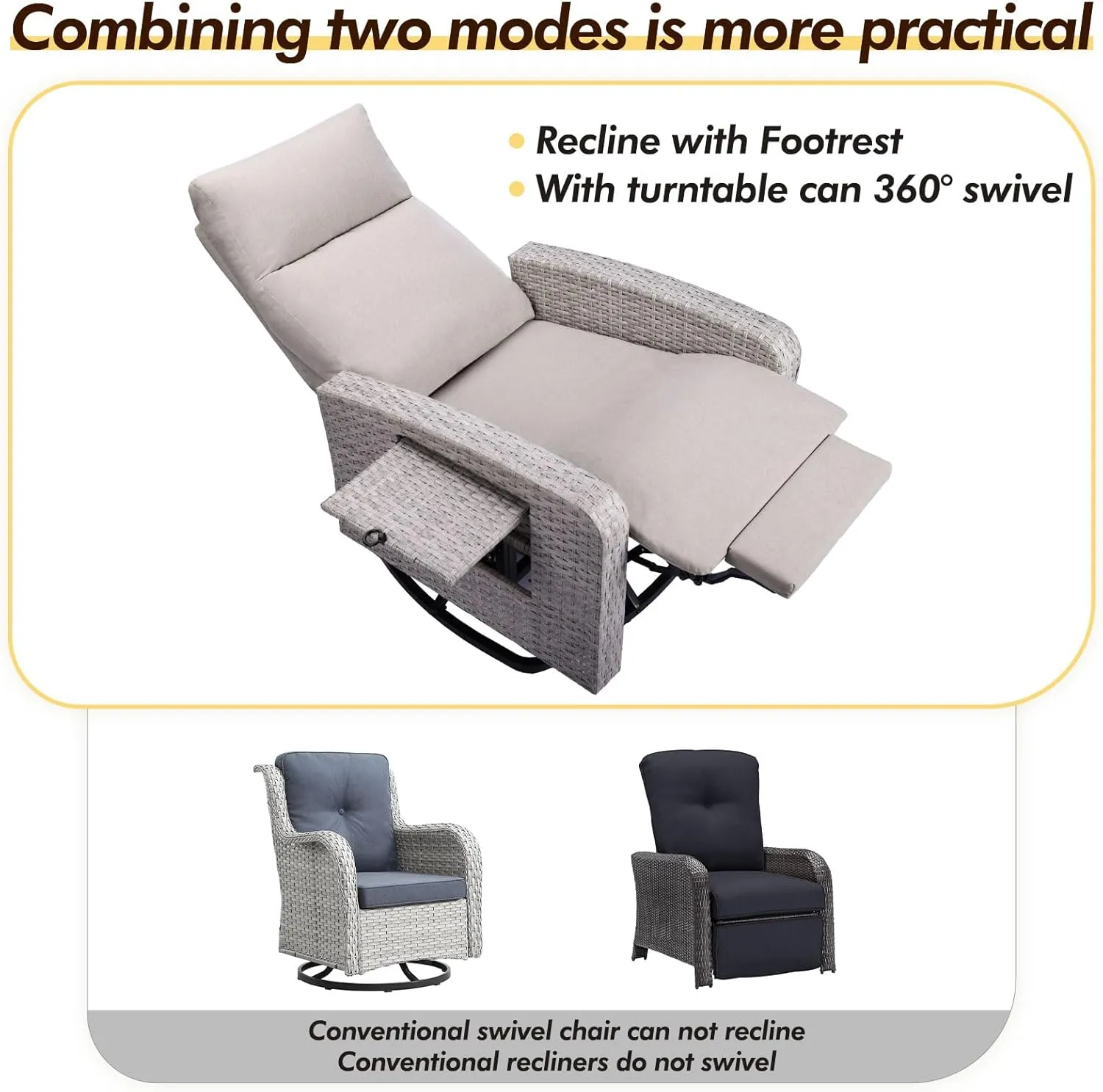 Outdoor Recliner Wicker Ratten 360°Swivel Chair with Footrest Adjustable Back Reclining Patio Lounge Chairs with Removeable Cushion & Flip-Up Table