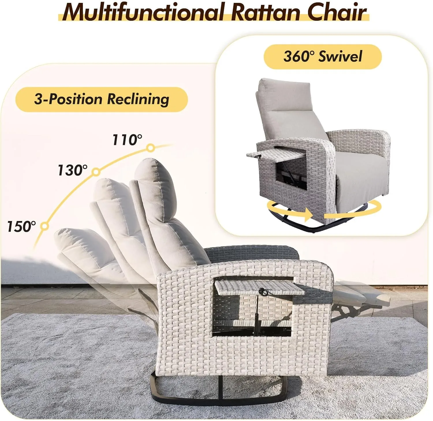 Outdoor Recliner Wicker Ratten 360°Swivel Chair with Footrest Adjustable Back Reclining Patio Lounge Chairs with Removeable Cushion & Flip-Up Table