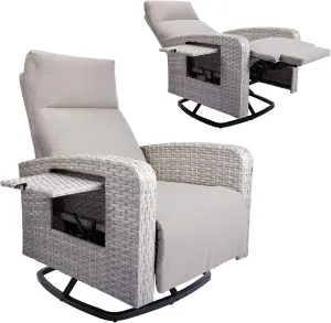 Outdoor Recliner Wicker Ratten 360°Swivel Chair with Footrest Adjustable Back Reclining Patio Lounge Chairs with Removeable Cushion & Flip-Up Table