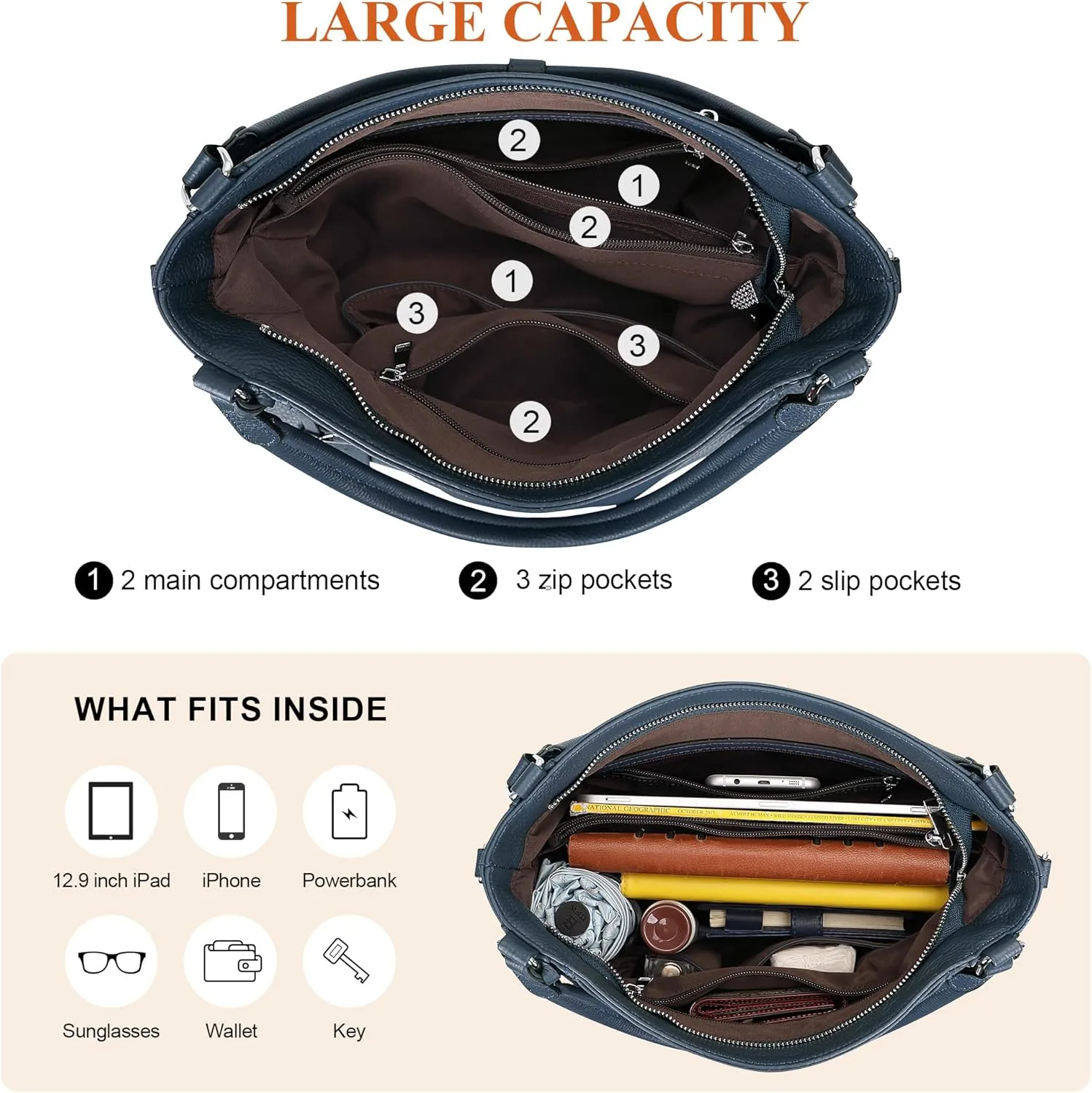 Over Earth Soft Leather Handbags for Women Shoulder Hobo Bag Large Tote Crossbody Bags