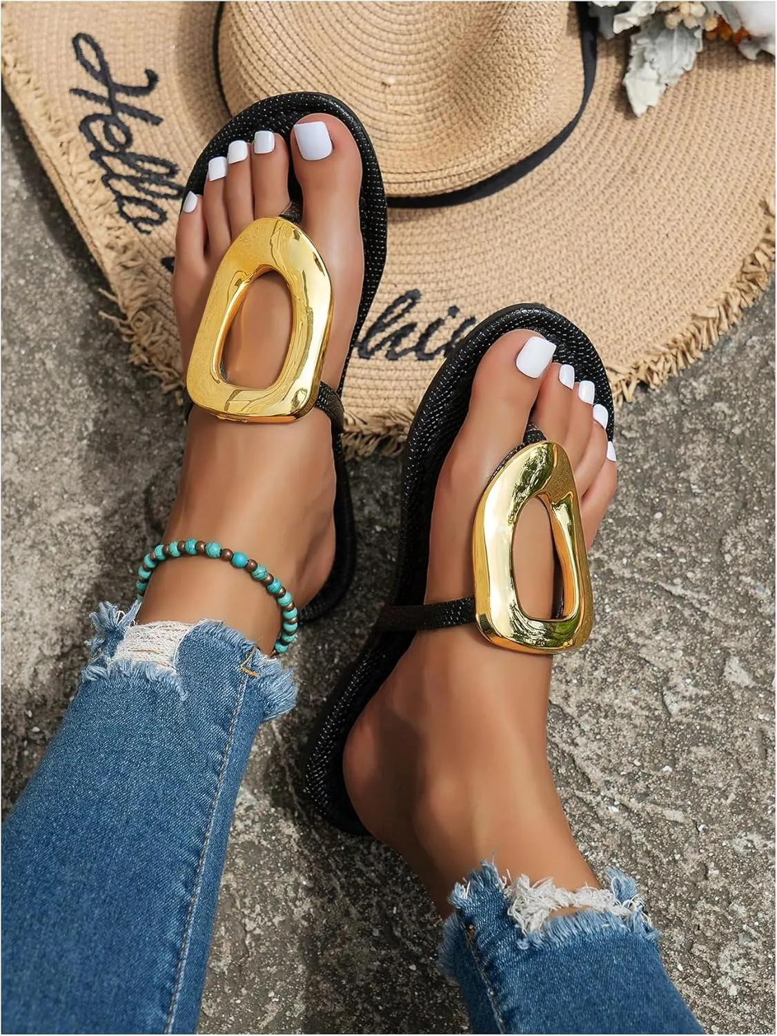 OYOANGLE Women's Metal Decor Flip Flop Thong Sandals Comfortable Slip on Flat Sandals