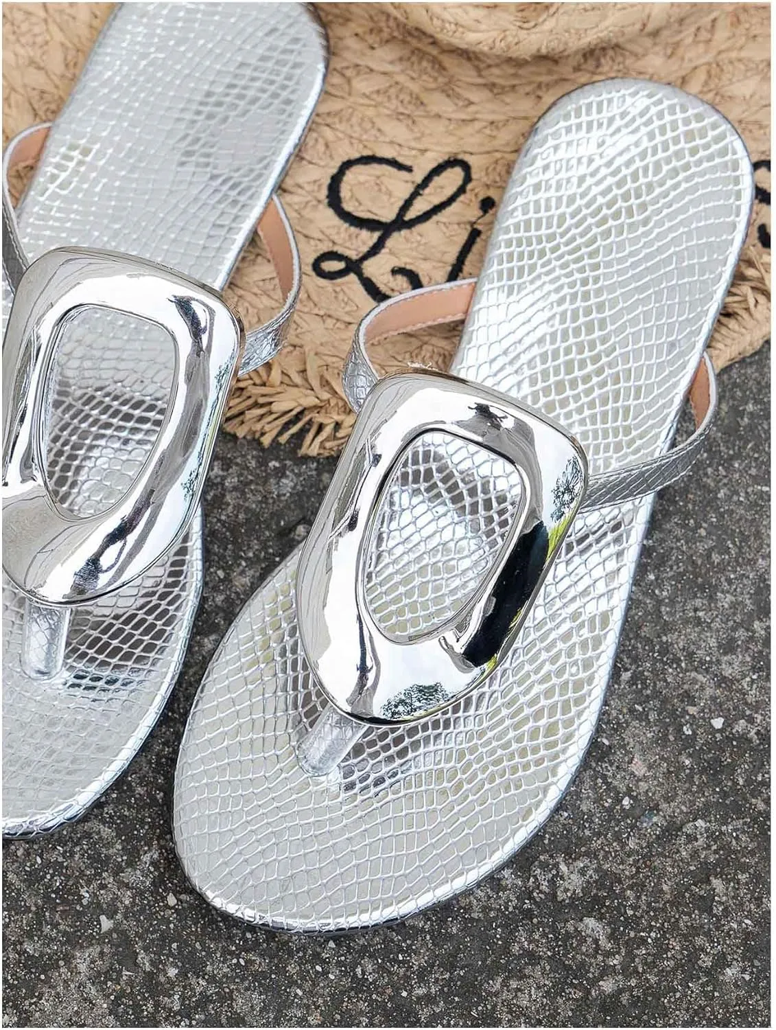 OYOANGLE Women's Metal Decor Flip Flop Thong Sandals Comfortable Slip on Flat Sandals
