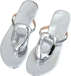 OYOANGLE Women's Metal Decor Flip Flop Thong Sandals Comfortable Slip on Flat Sandals