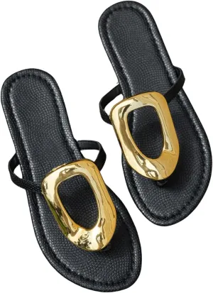 OYOANGLE Women's Metal Decor Flip Flop Thong Sandals Comfortable Slip on Flat Sandals
