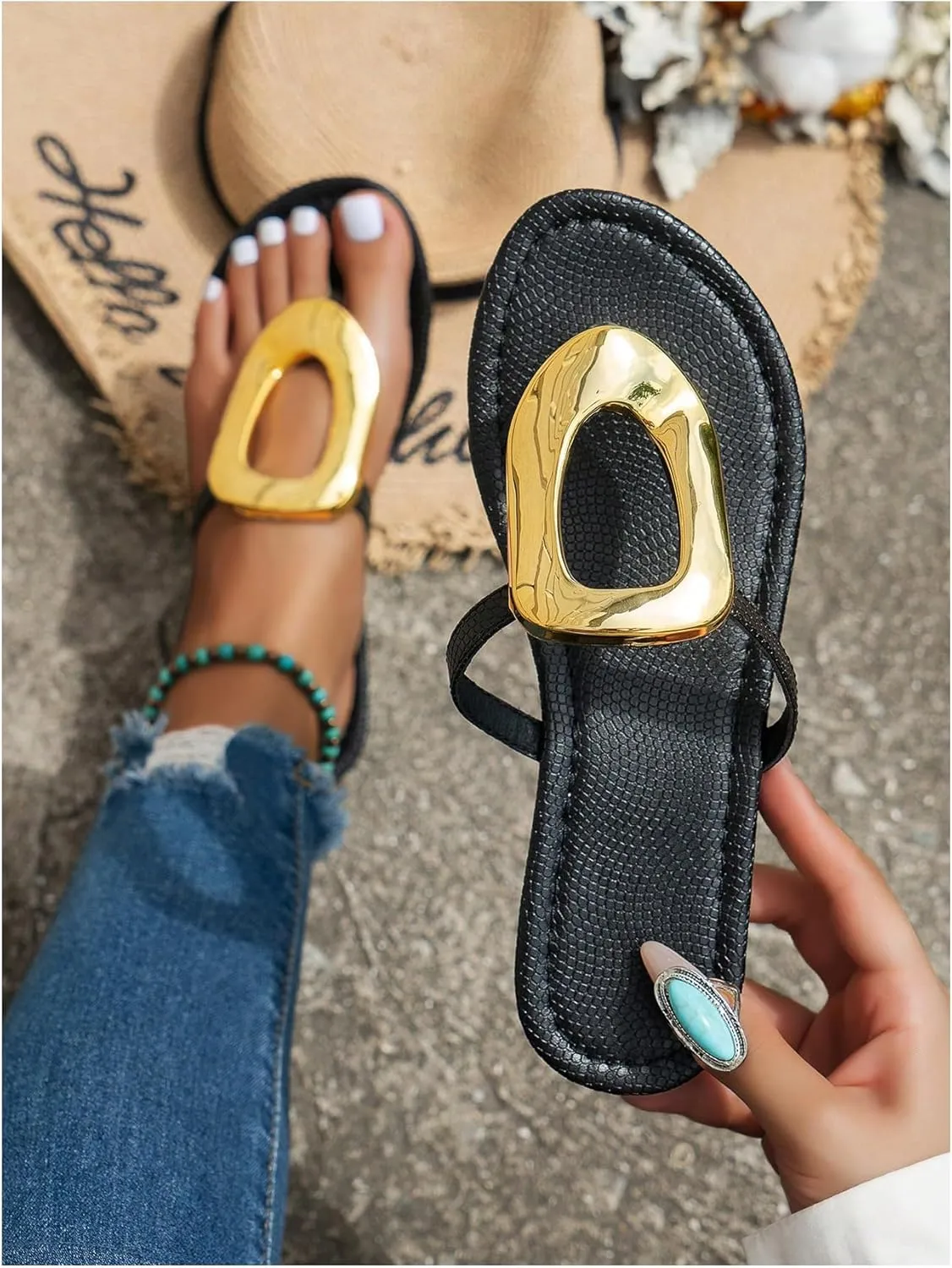 OYOANGLE Women's Metal Decor Flip Flop Thong Sandals Comfortable Slip on Flat Sandals