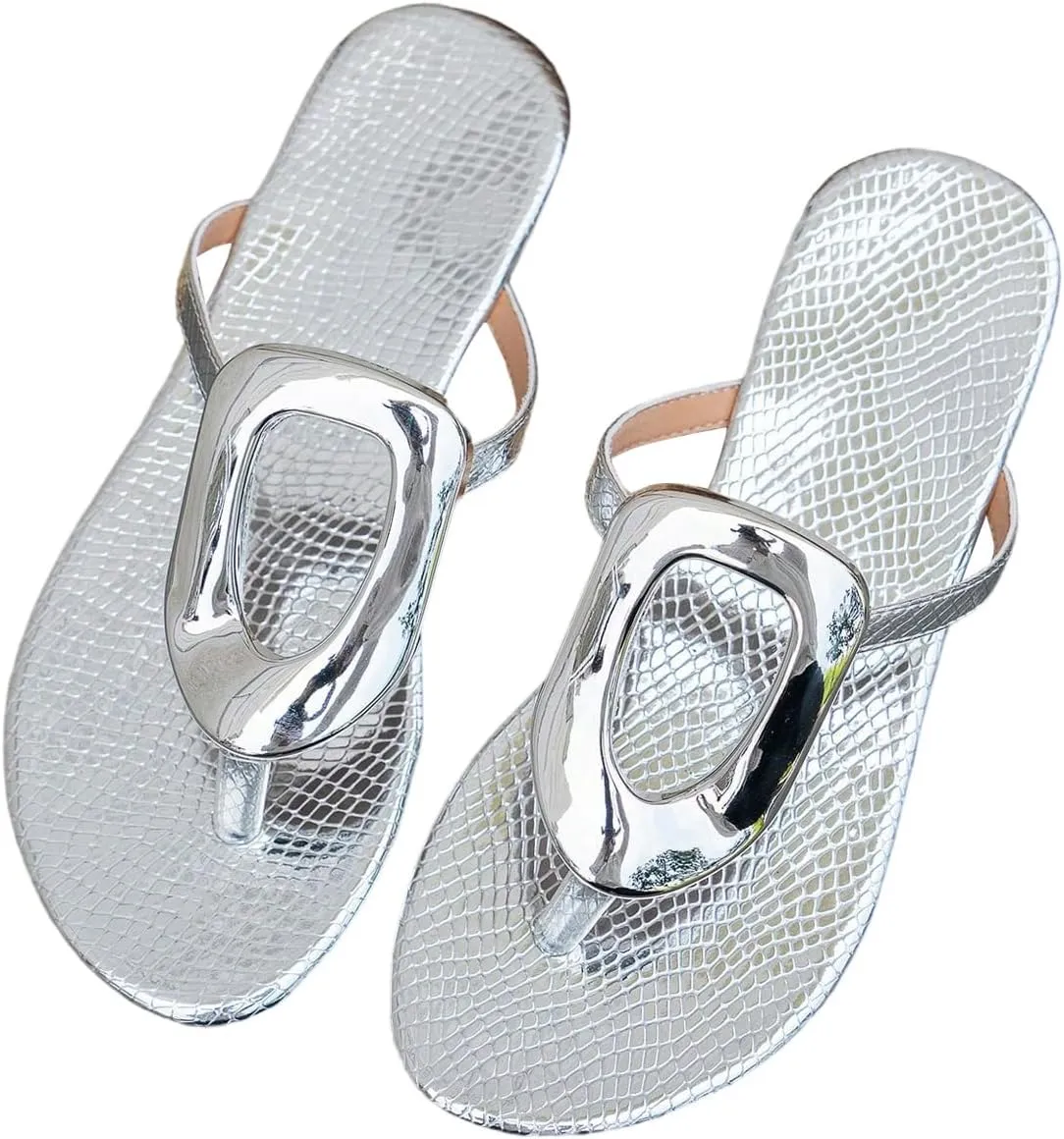OYOANGLE Women's Metal Decor Flip Flop Thong Sandals Comfortable Slip on Flat Sandals