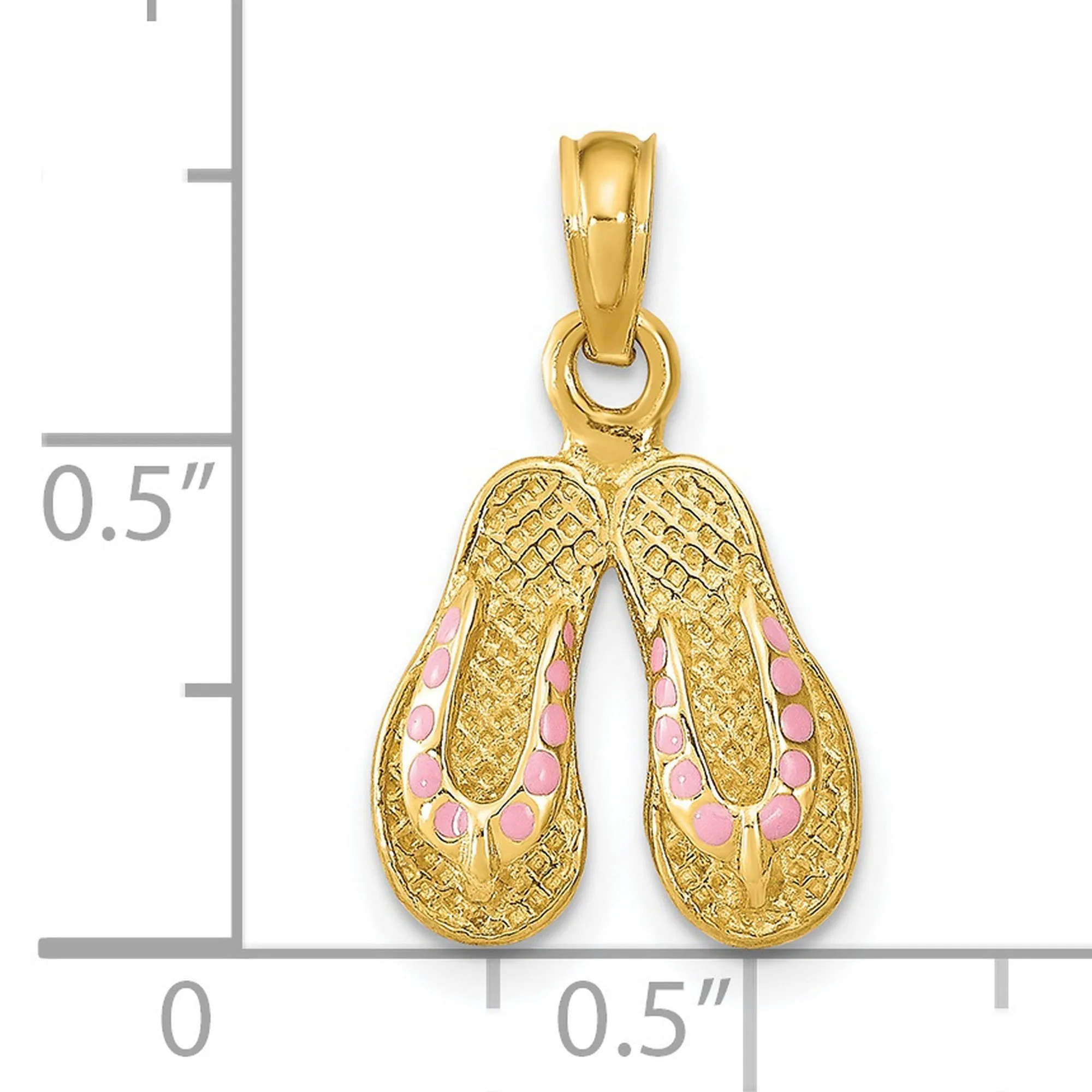 Pair of Flip Flop Sandals with Pink Enamel Dots Charm Pendant in Real 14k Yellow Gold