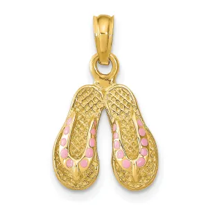 Pair of Flip Flop Sandals with Pink Enamel Dots Charm Pendant in Real 14k Yellow Gold