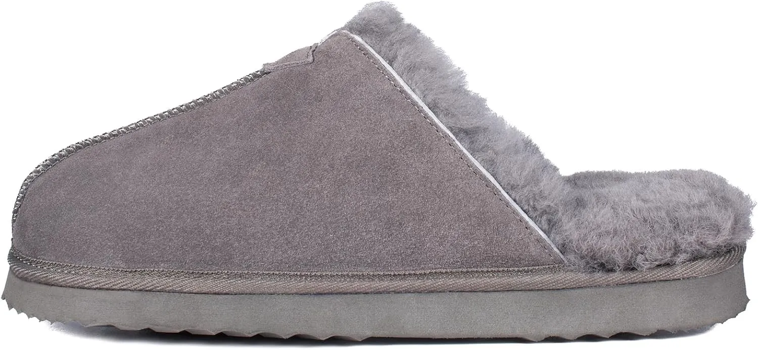 Parfeying Men's Sheepskin Shearling Slippers, Anti-slip Rubber Sole Indoor Outdoor Cow Suede Leather Slip on Slippers for Men