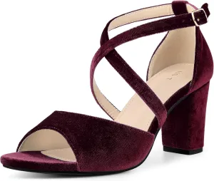 Perphy Cross Strap Velvet Block Heel Sandals for Women