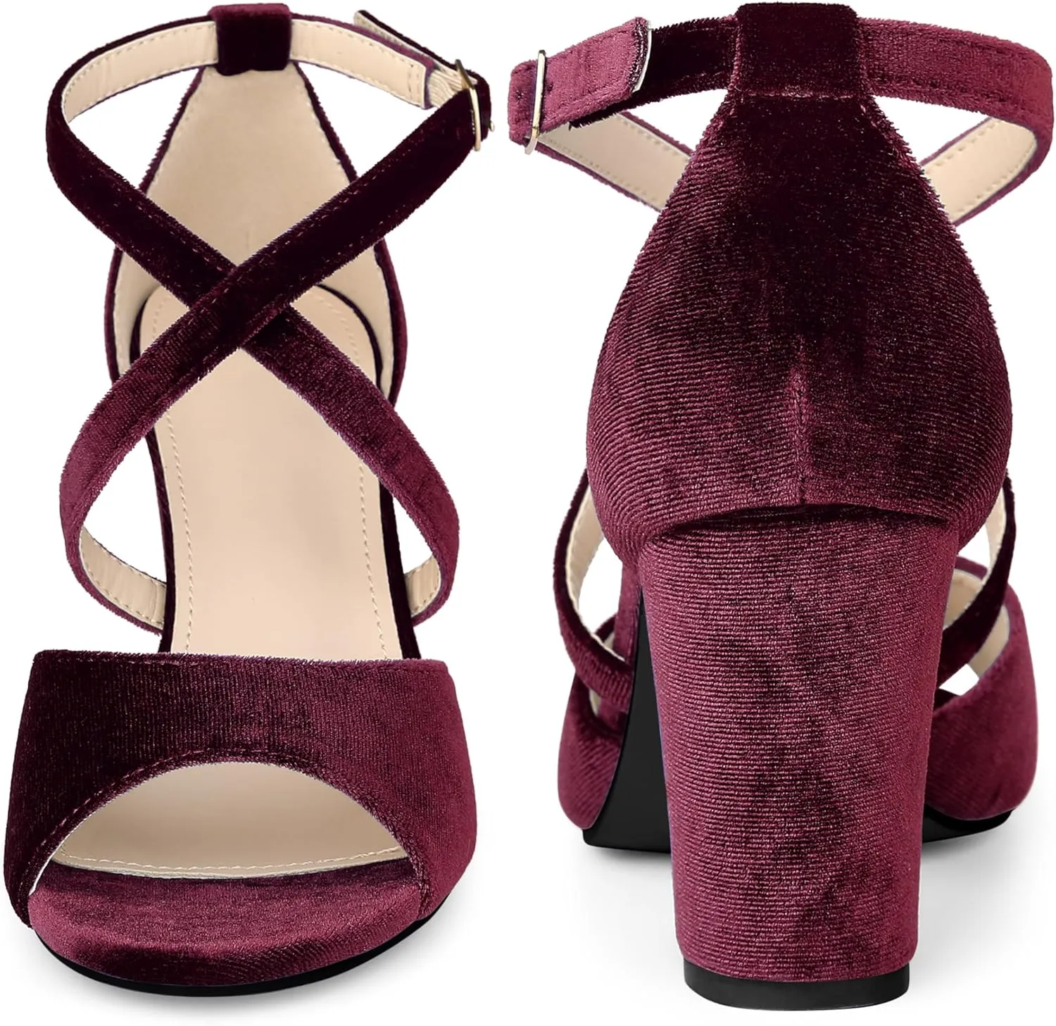 Perphy Cross Strap Velvet Block Heel Sandals for Women