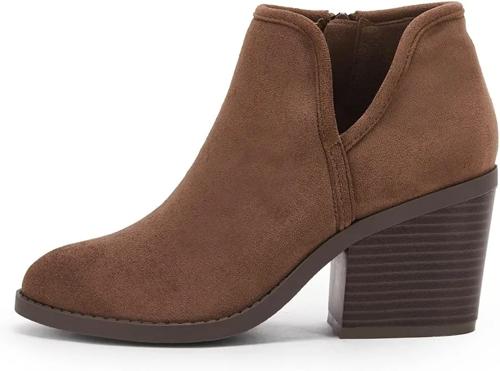 PiePieBuy Womens Ankle Boots Chunky Stacked Heel Slip on Shoes Faux Suede Side Zipper Casual Western Booties