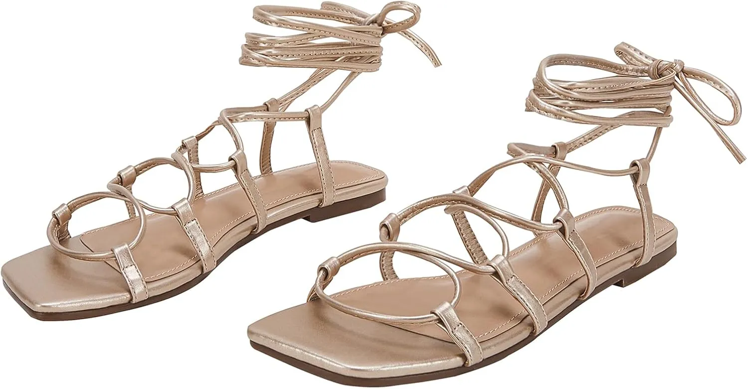PiePieBuy Womens Lace up Square Toes Flat Sandals with Ankle Strap Summer Criss-Cross Gladiator Shoes