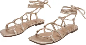 PiePieBuy Womens Lace up Square Toes Flat Sandals with Ankle Strap Summer Criss-Cross Gladiator Shoes