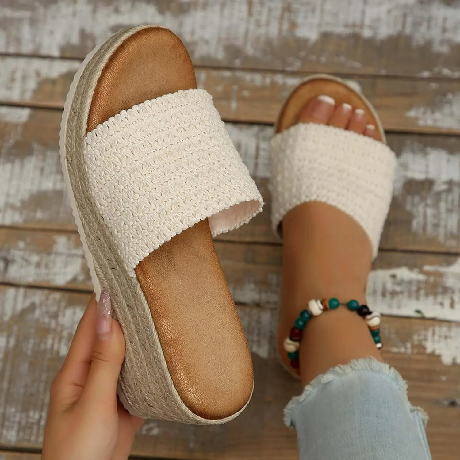 Platform Sandals Women Espadrille Slip on Comfortable Wedge Sandals Color Block Open Toe Stylish Casual Summer Shoes