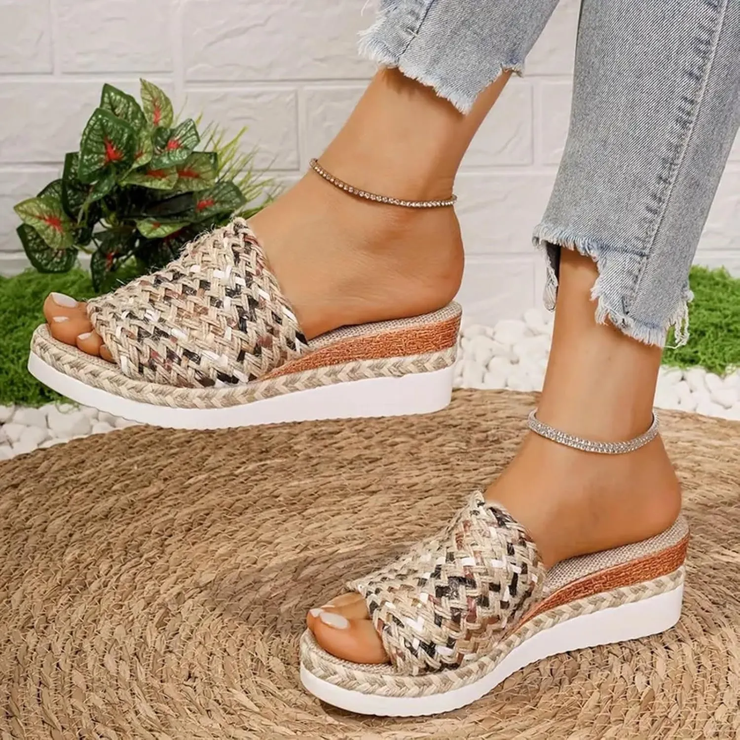 Platform Sandals Women Espadrille Slip on Wedge Sandals Color Block Open Toe Comfortable Stylish Casual Summer Shoes