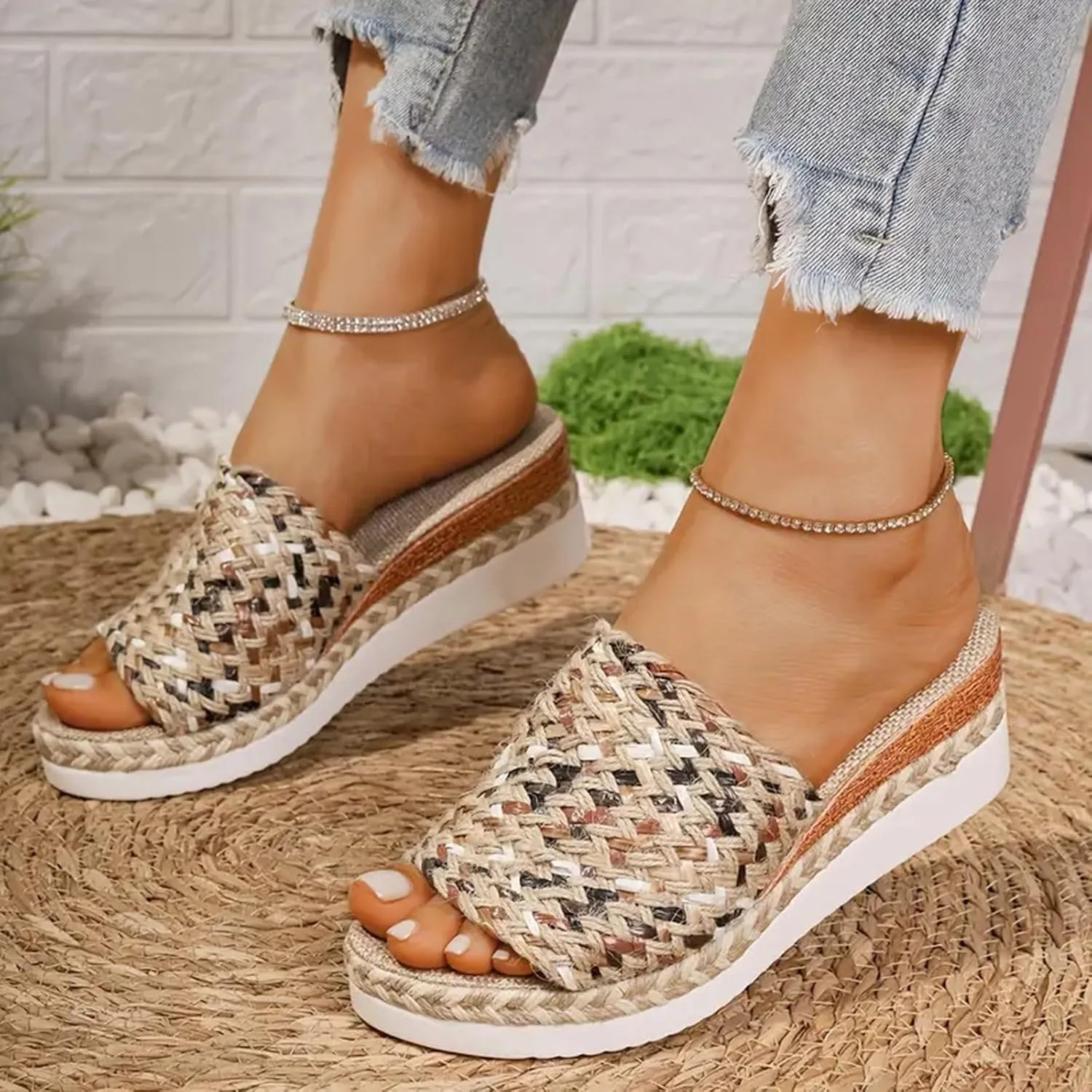 Platform Sandals Women Espadrille Slip on Wedge Sandals Color Block Open Toe Comfortable Stylish Casual Summer Shoes
