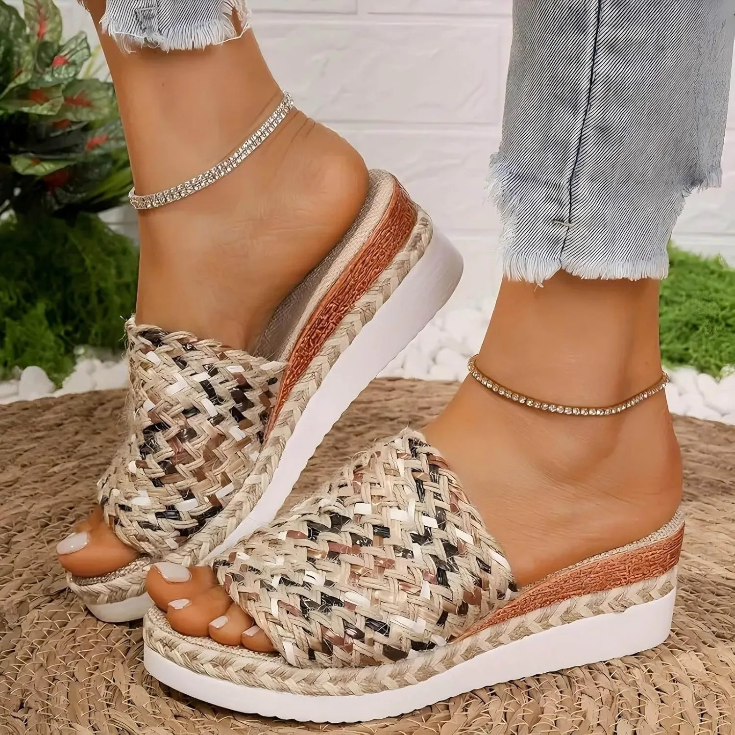 Platform Sandals Women Espadrille Slip on Wedge Sandals Color Block Open Toe Comfortable Stylish Casual Summer Shoes
