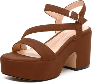 Platform Wedges Women - Chunky Heel Sandals with Adjustable Ankle Strap, Open Round Toe Solid Color for Office, Parties & Daily Wear