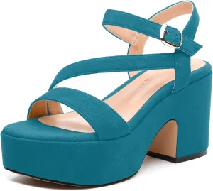Platform Wedges Women - Chunky Heel Sandals with Adjustable Ankle Strap, Open Round Toe Solid Color for Office, Parties & Daily Wear