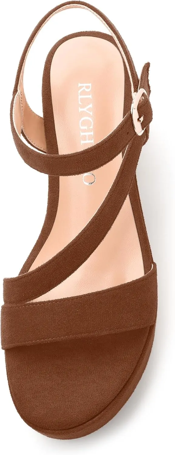 Platform Wedges Women - Chunky Heel Sandals with Adjustable Ankle Strap, Open Round Toe Solid Color for Office, Parties & Daily Wear