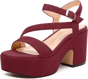 Platform Wedges Women - Chunky Heel Sandals with Adjustable Ankle Strap, Open Round Toe Solid Color for Office, Parties & Daily Wear