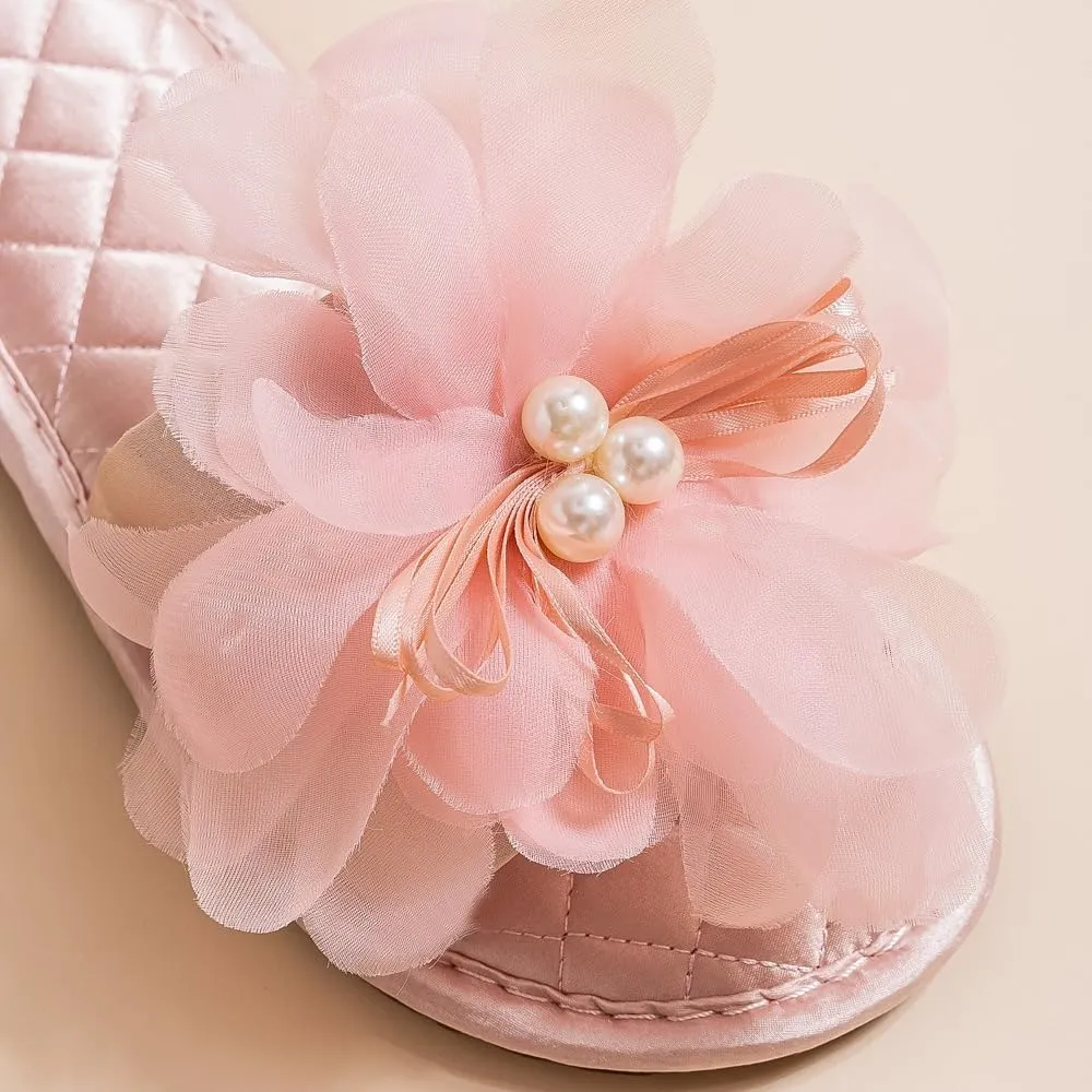 Premium Luxury Satin Silk All Seasons Comfort Lace Flowers Women's House Slippers Non Slip Indoor Soft Home Slip On Shoes