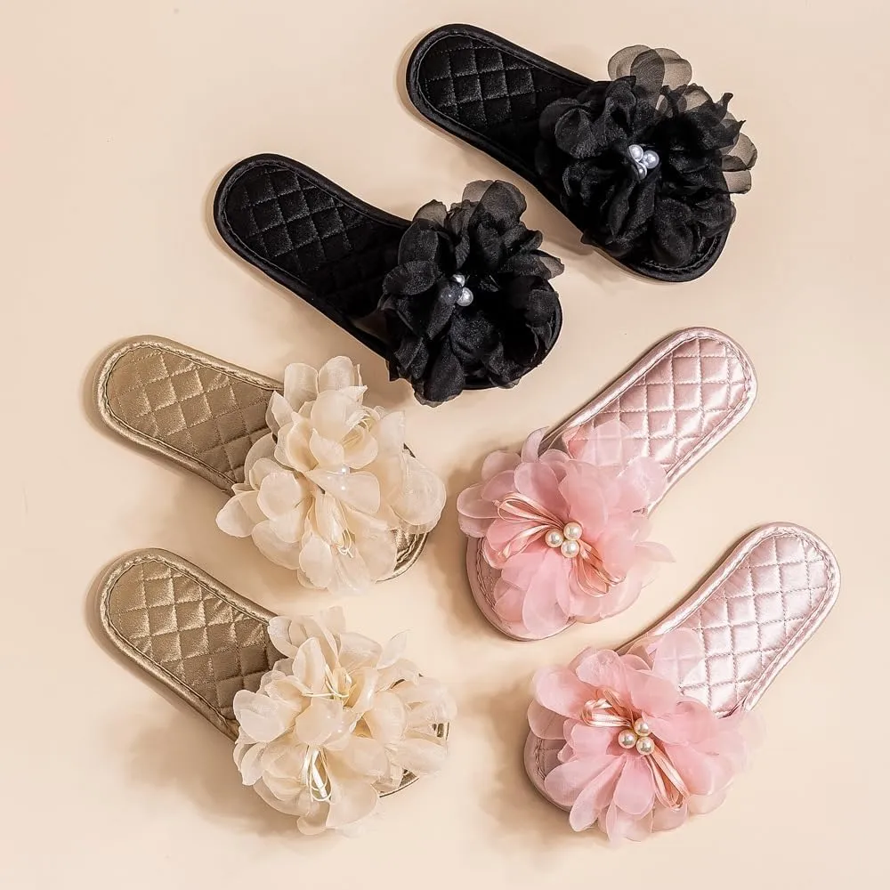 Premium Luxury Satin Silk All Seasons Comfort Lace Flowers Women's House Slippers Non Slip Indoor Soft Home Slip On Shoes