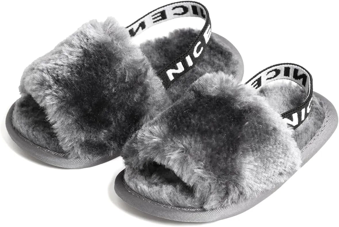 QIETION Girl's Soft Plush Lightweight House Slippers Non Slip Cross Band Slip on Open Toe Cozy Indoor Outdoor Slippers X102 Grey 11CM