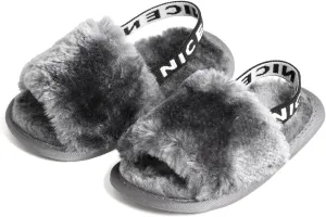 QIETION Girl's Soft Plush Lightweight House Slippers Non Slip Cross Band Slip on Open Toe Cozy Indoor Outdoor Slippers X102 Grey 11CM