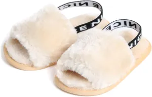 QIETION Girl's Soft Plush Lightweight House Slippers Non Slip Cross Band Slip on Open Toe Cozy Indoor Outdoor Slippers X102 Khaki 12CM