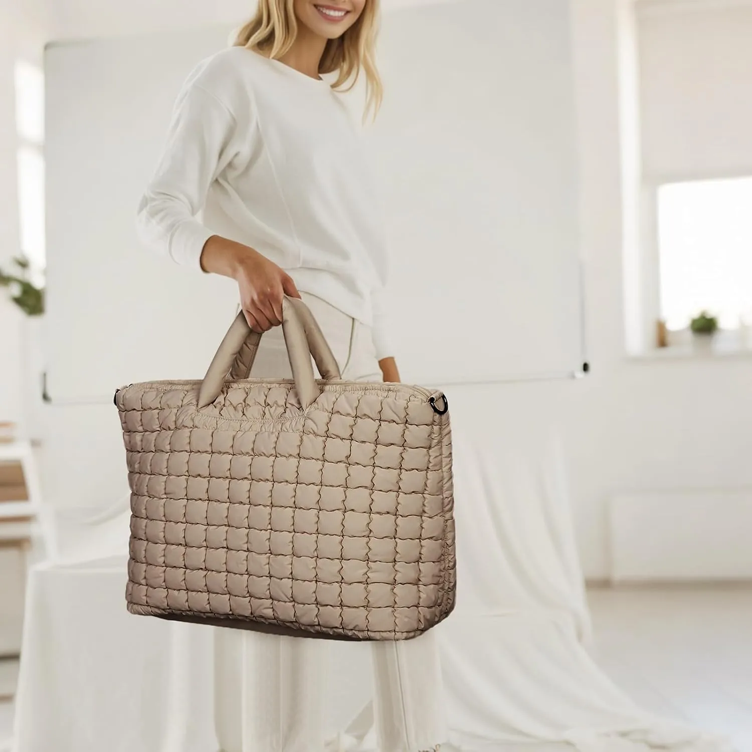 Quilted Duffle Bag for Travel, Large Puffer Duffel Weekender Bags Soft Gym Tote, Big Puffy Carry on Luggage Overnight