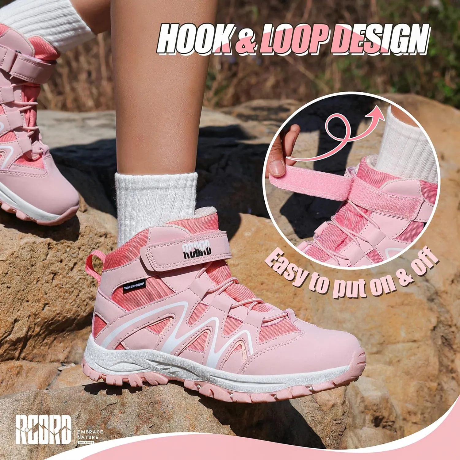 R CORD Kids Hiking Boots Kids Hiking Shoes Girls Hiking Boots Waterproof Non-Slip Girls Hiking Shoes for Outdoor Rugged Quick Closure Durable TPR Traction Outsole