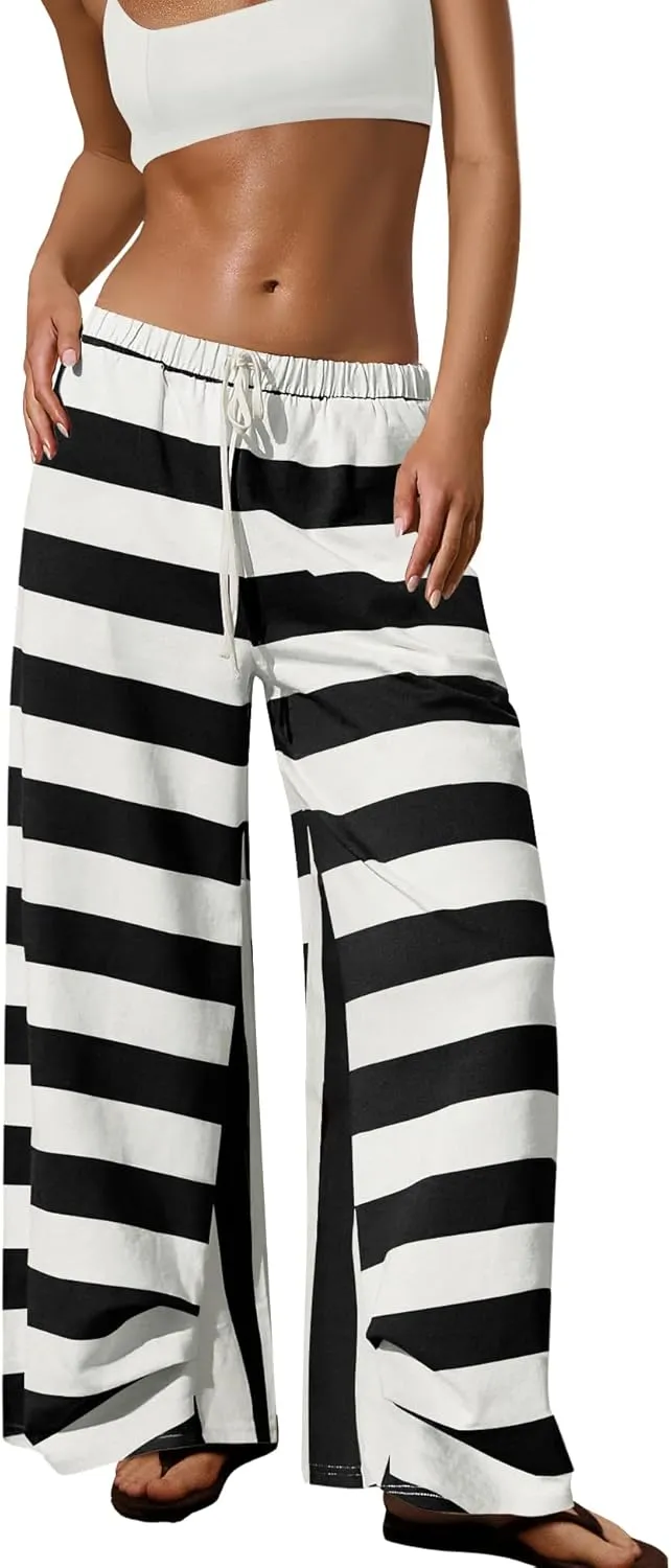 ReachMe Womens Striped Wide Leg Pants Beach Travel Palazzo Pants Drawstring Elastic Waist Pants with Pockets