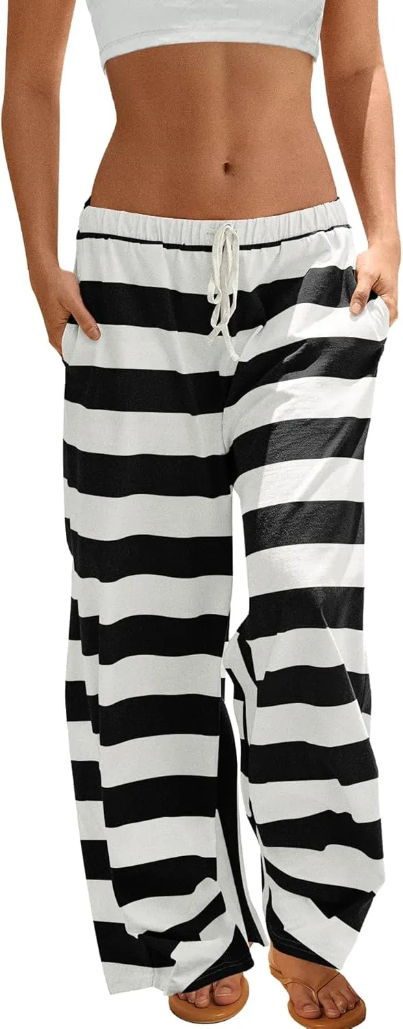 ReachMe Womens Striped Wide Leg Pants Beach Travel Palazzo Pants Drawstring Elastic Waist Pants with Pockets