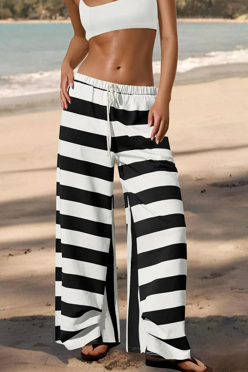 ReachMe Womens Striped Wide Leg Pants Beach Travel Palazzo Pants Drawstring Elastic Waist Pants with Pockets