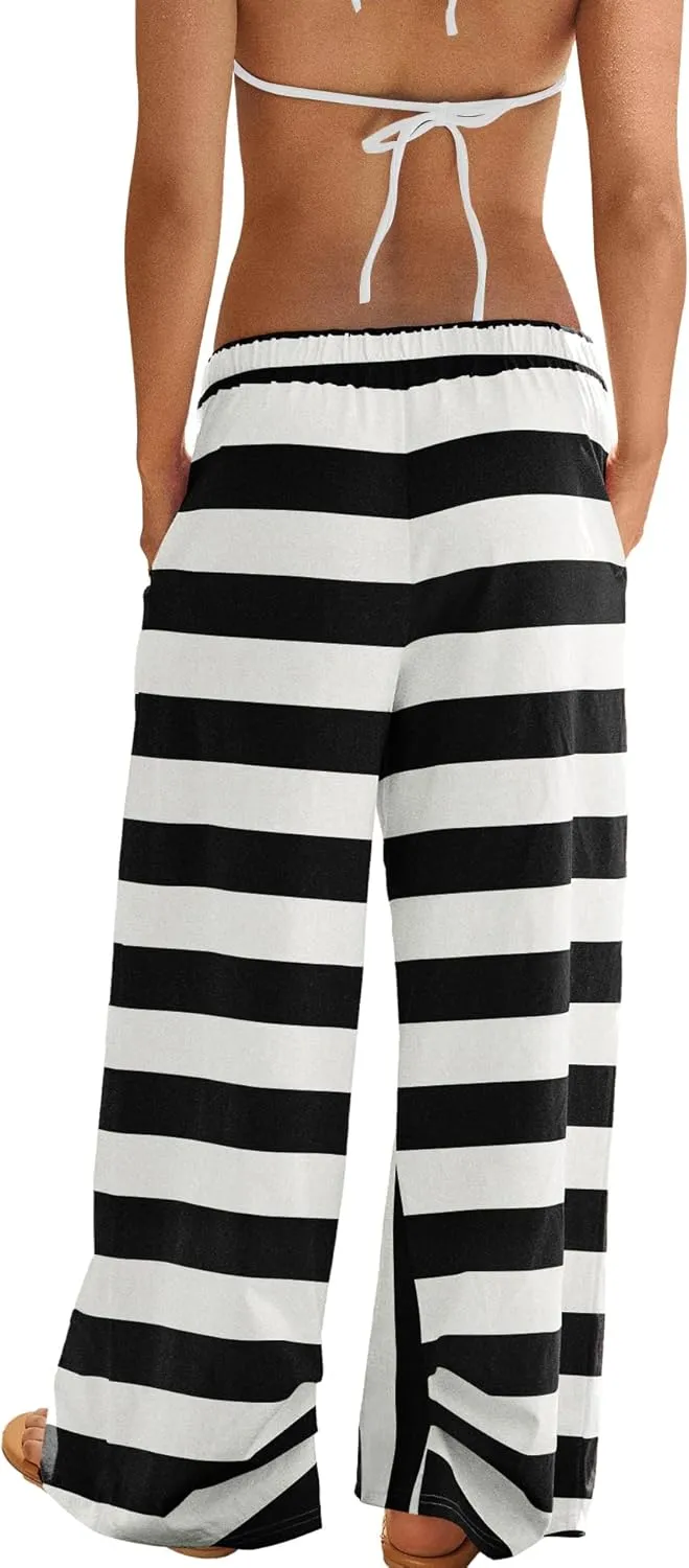 ReachMe Womens Striped Wide Leg Pants Beach Travel Palazzo Pants Drawstring Elastic Waist Pants with Pockets