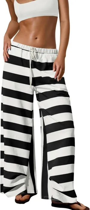 ReachMe Womens Striped Wide Leg Pants Beach Travel Palazzo Pants Drawstring Elastic Waist Pants with Pockets