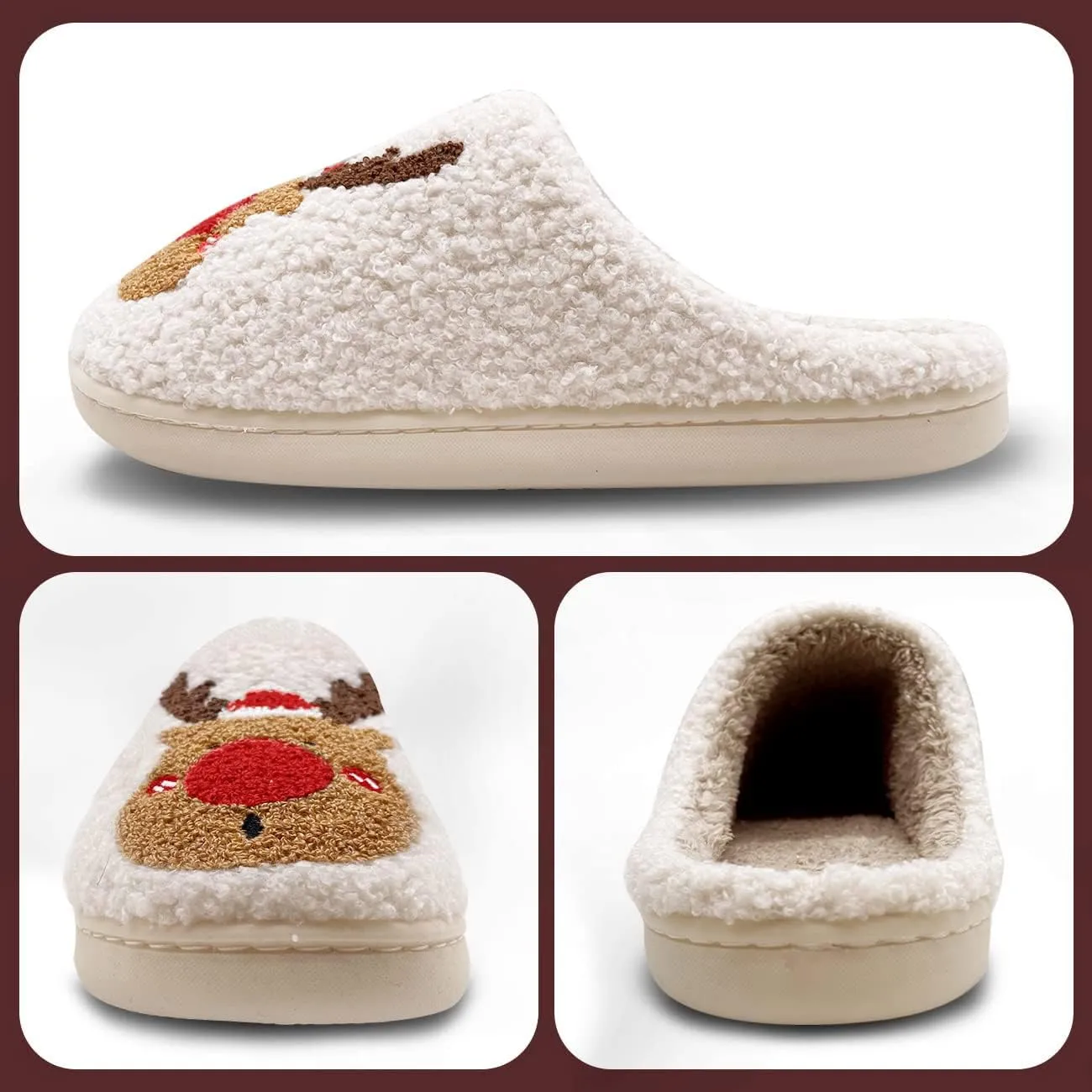 Reindeer Slippers for Women, Christmas Slides, Slip-On Indoor Outdoor Slippers