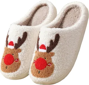 Reindeer Slippers for Women, Christmas Slides, Slip-On Indoor Outdoor Slippers