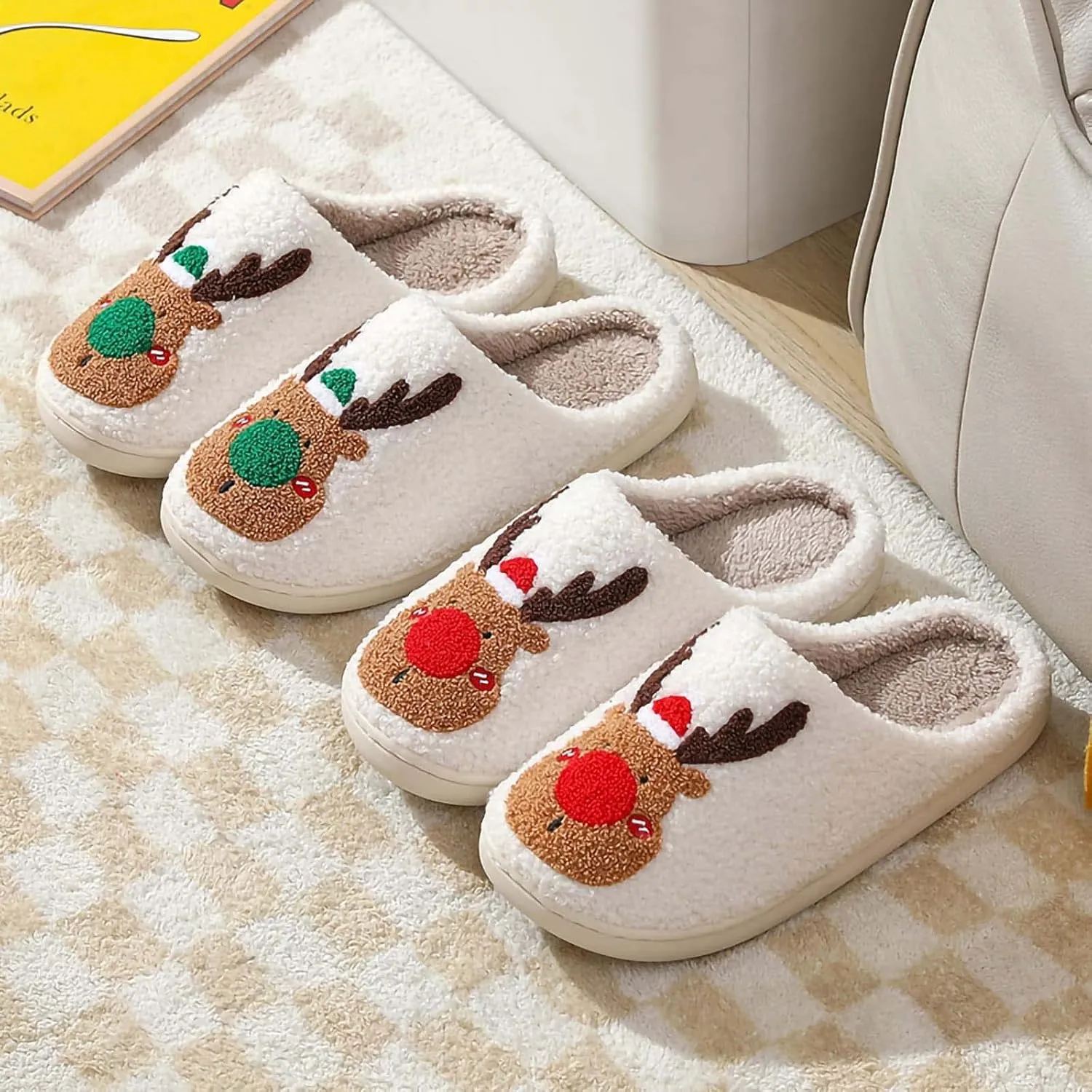 Reindeer Slippers for Women, Christmas Slides, Slip-On Indoor Outdoor Slippers