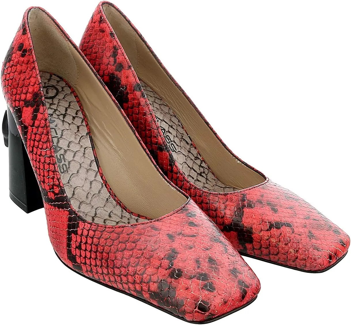 ROBERTO CAVALLI Class Coral/Black Textured Leather Square Toe Block High Heel Pump- for Womens