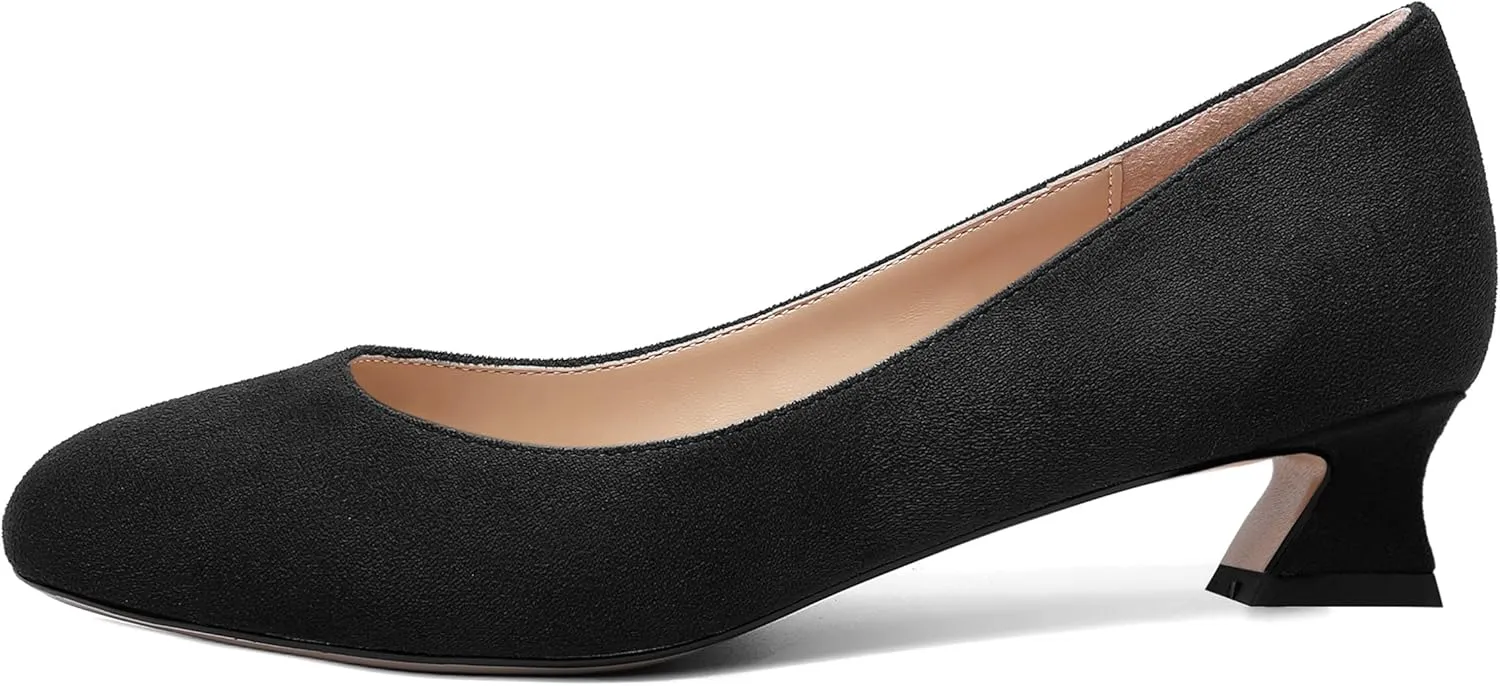 ROSERWISH Womens Suede Fashion Round Toe Casual Slip On Dating Chunky Low Heel Pumps Shoes 1.5 Inch
