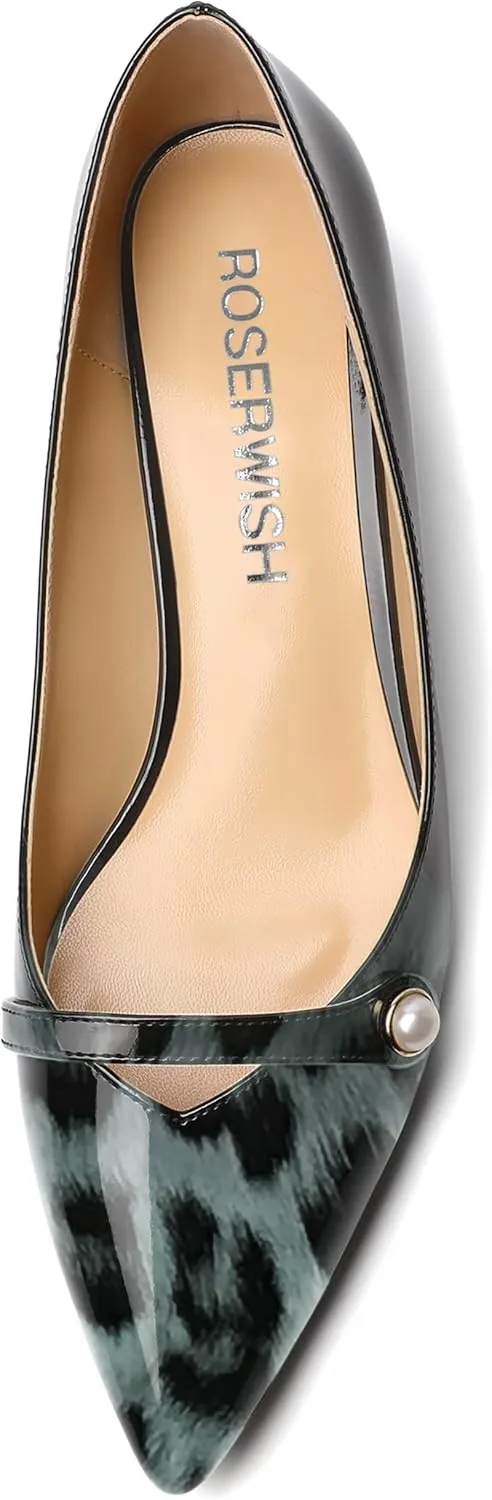 ROSERWISH Womens Work Wedding Slip On Patent Pointed Toe Cute Chunky Low Heel Pumps Dress Shoes 1.5 Inch