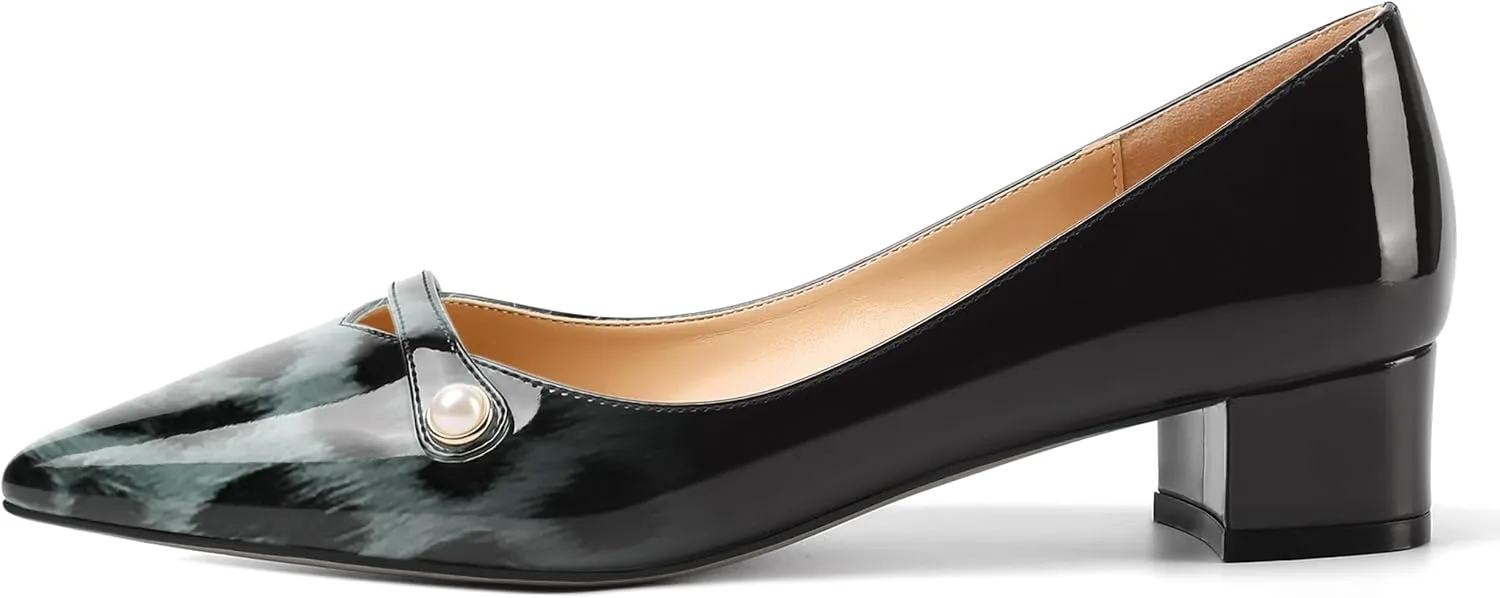 ROSERWISH Womens Work Wedding Slip On Patent Pointed Toe Cute Chunky Low Heel Pumps Dress Shoes 1.5 Inch