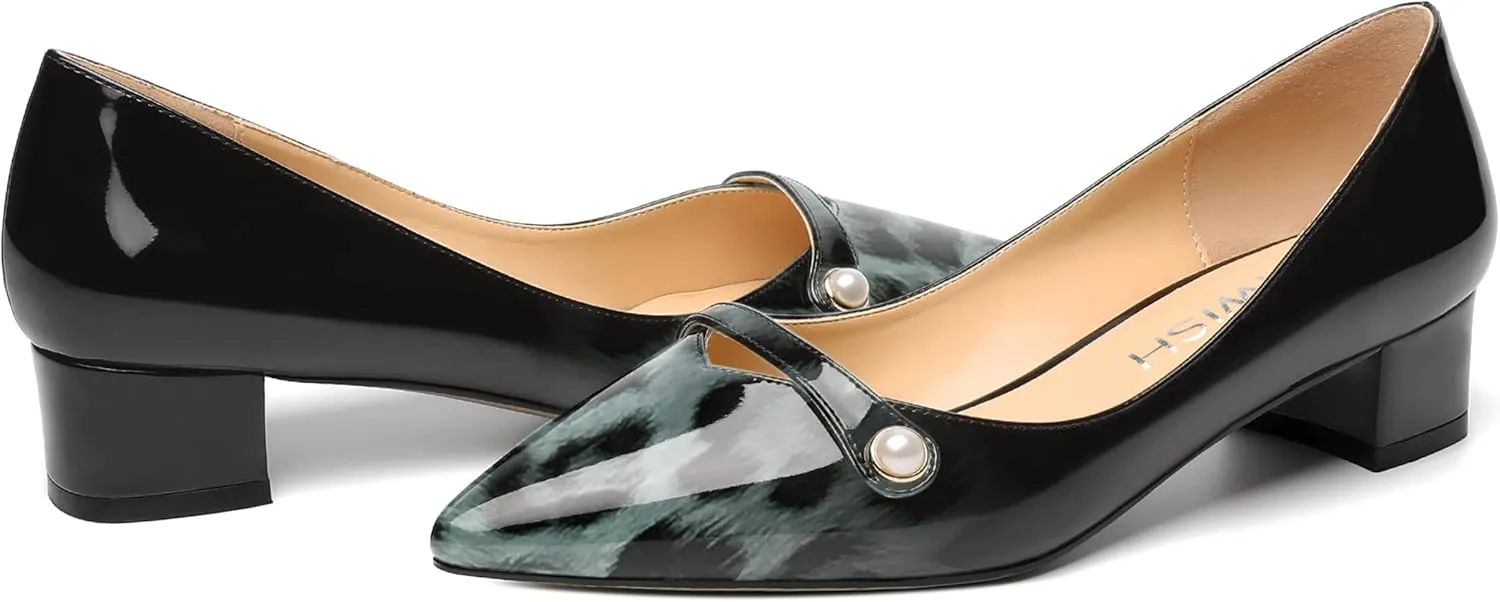 ROSERWISH Womens Work Wedding Slip On Patent Pointed Toe Cute Chunky Low Heel Pumps Dress Shoes 1.5 Inch