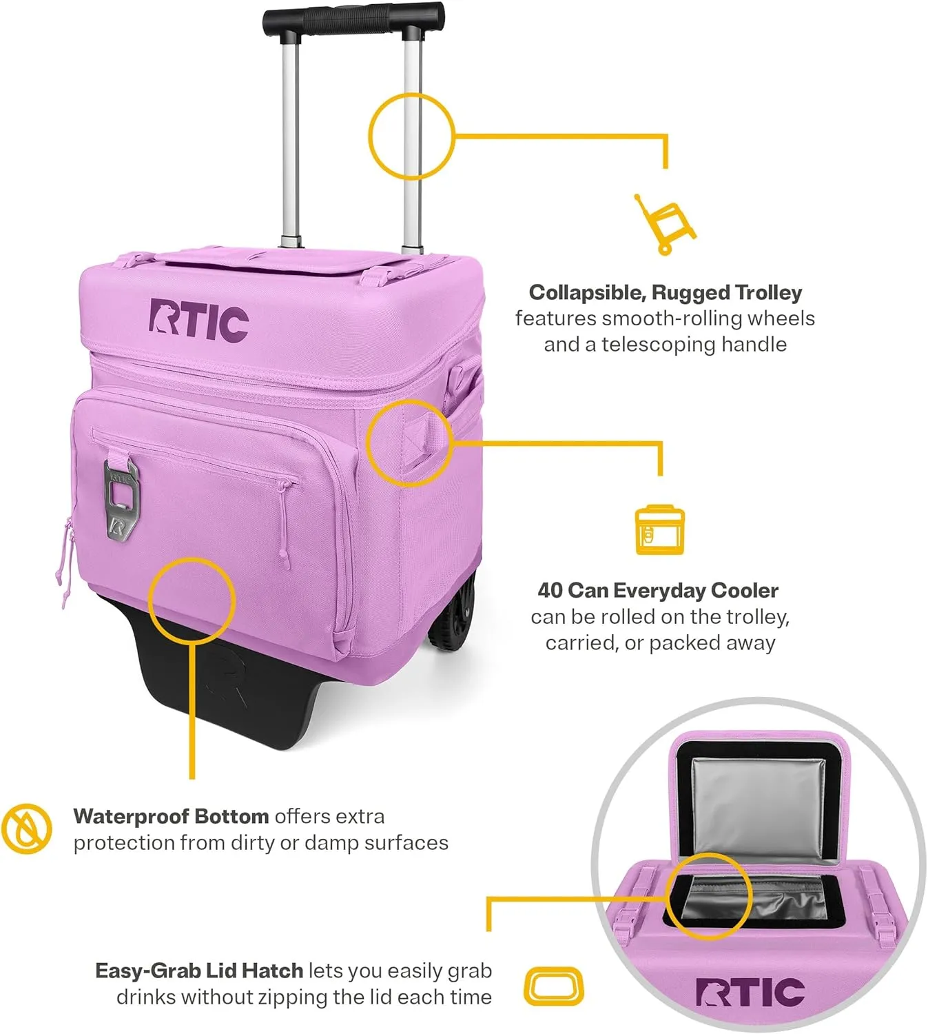 RTIC 40 Can Everyday Wheeled Cooler, Soft Sided Insulated Portable Rolling Collapsible Cooler Bag with Wheels and Handle for Outdoor, Beach, Camping, Sports, Travel, Leakproof