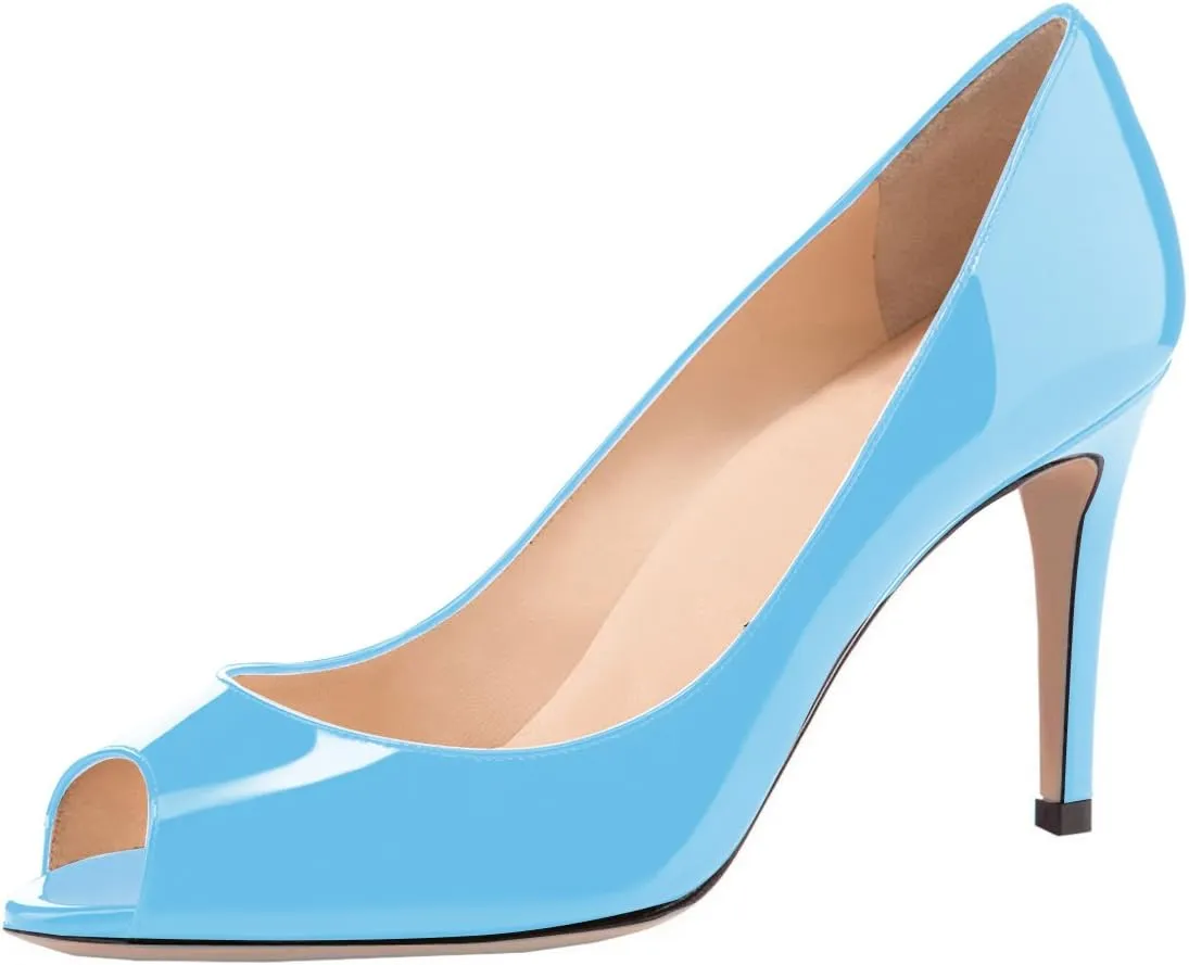 SAMMITOP Women's Peep Toe Pumps 80mm High Heel Shoes Slip On Patent Pumps Formal Shoes