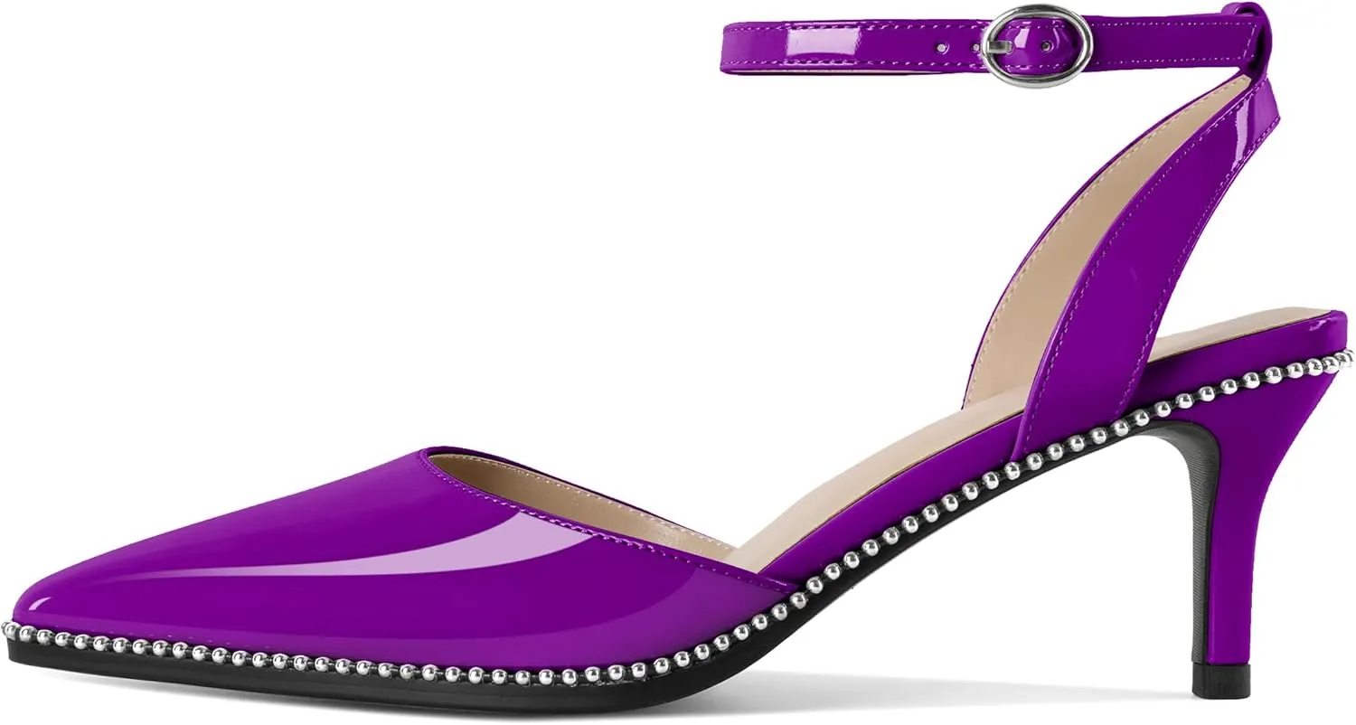 SAMMITOP Womens Slingback Kitten Heels Pointed Toe Low Heel Ankle Strap Pumps Slip On Comfortable Wedding Party Beaded Dress Shoes 2.4 Inch